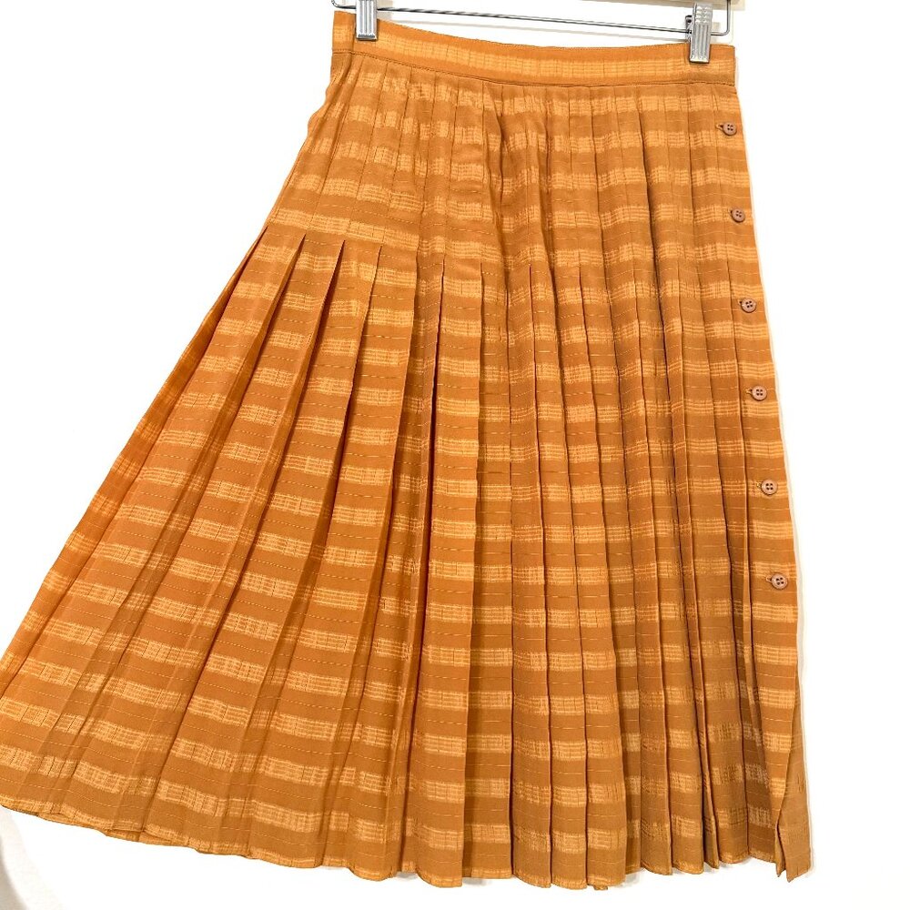 Vtg 50s Style Mustard Yellow Pleated Skirt Striped Academia Preppy Monochrome